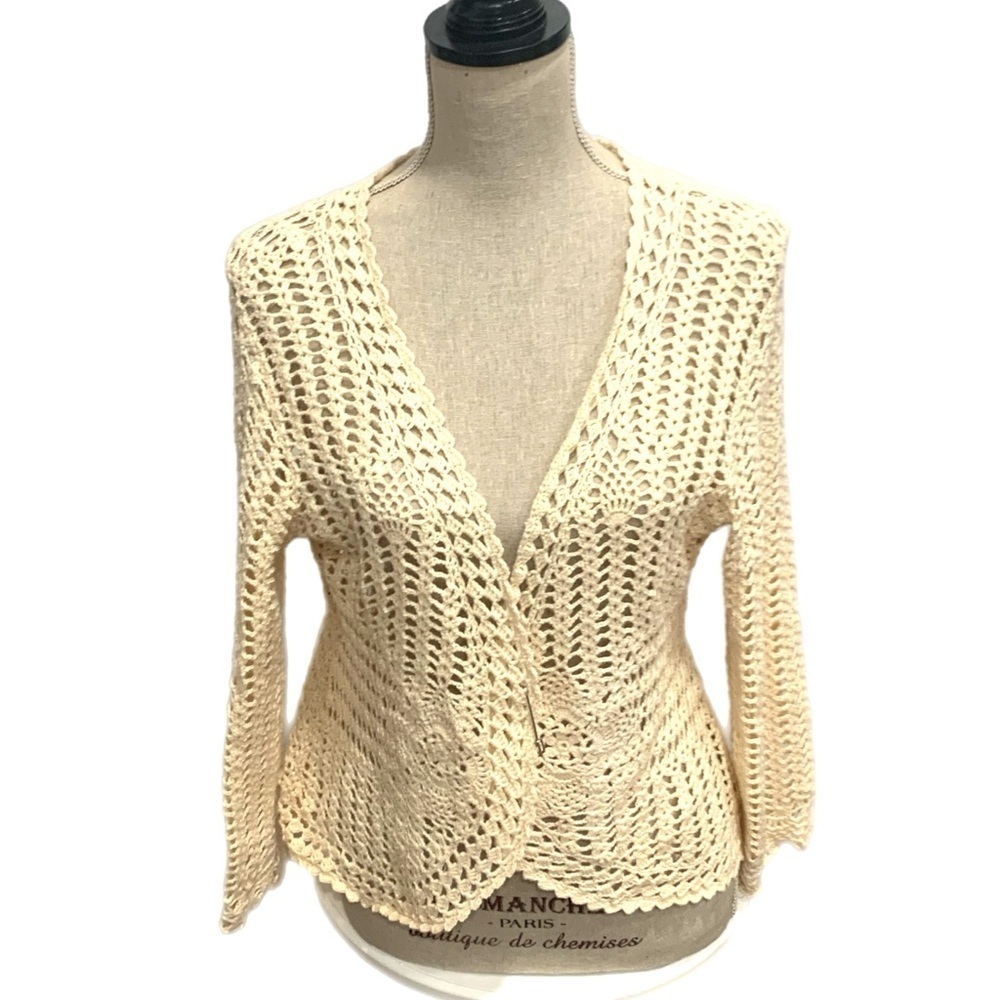 Contemporary Edge Crochet Cardigan Cream Boho Open Knit Long Sleeve size large